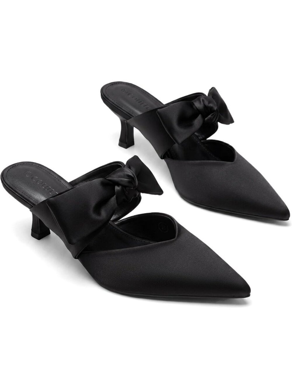 Women's Black Rubber Satin Bow Strap Kitten Heels Pointed Toe Slip On Mule Pumps